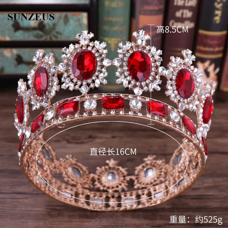 Золото queen короны с красным Стразы, украшенные стразами; Симпатичные туфли с металлическими украшениями; диадемы Mariage-Свадебные украшения головной убор невесты SQ0339