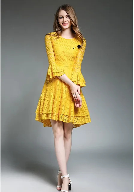 Hot selling girls fashion quality design yellow lace dresses women's casual ruffle sleeve slim ...