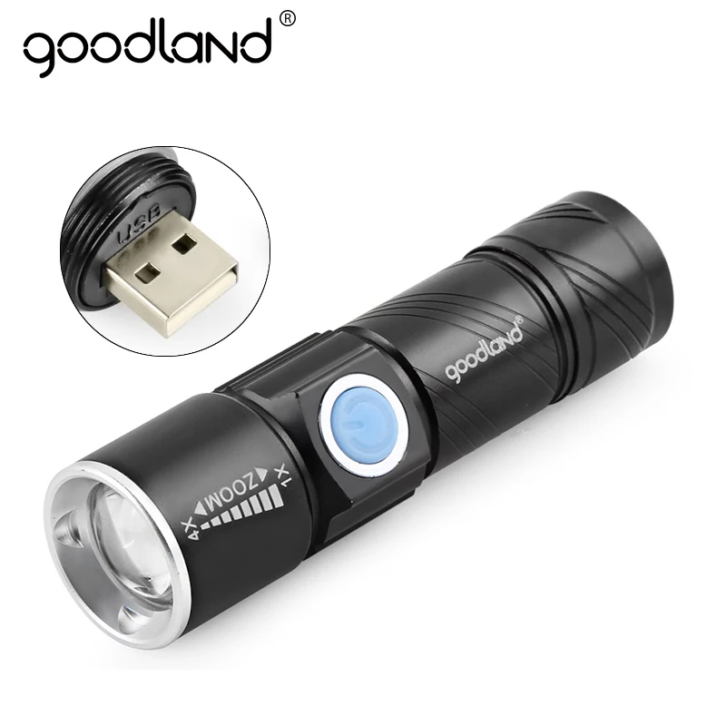 Goodland USB LED Flashlight Handy Rechargeable LED Torch Light Hunting Mini USB LED Lanterna 3 Modes Zoomable Torch for Camping