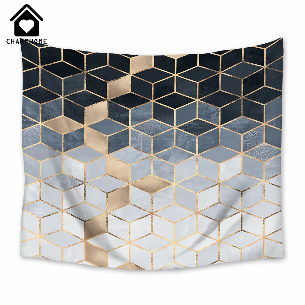 

CHARMHOME Soft Blue Gradient Cube Pattern Tapestry Hanging Polyester Fabric Wall Decor Geometry Style Blanket Tapestries