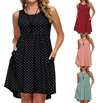 

2019 Hot Sale Fashion Women Summer Casual Dot Print O-Neck Cold Should Sleeveless Dress Best Selling Free shipping