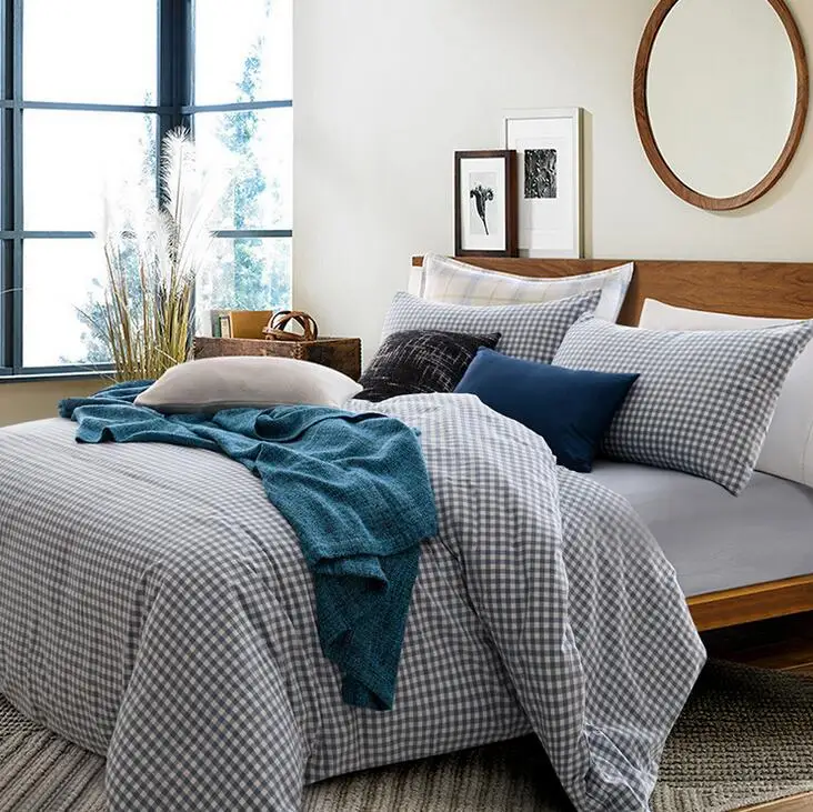 Euro Style King s Blue Plaid Cotton Bed Linens Quilt Cover Bed Flitted Sheet Pillowcase 3