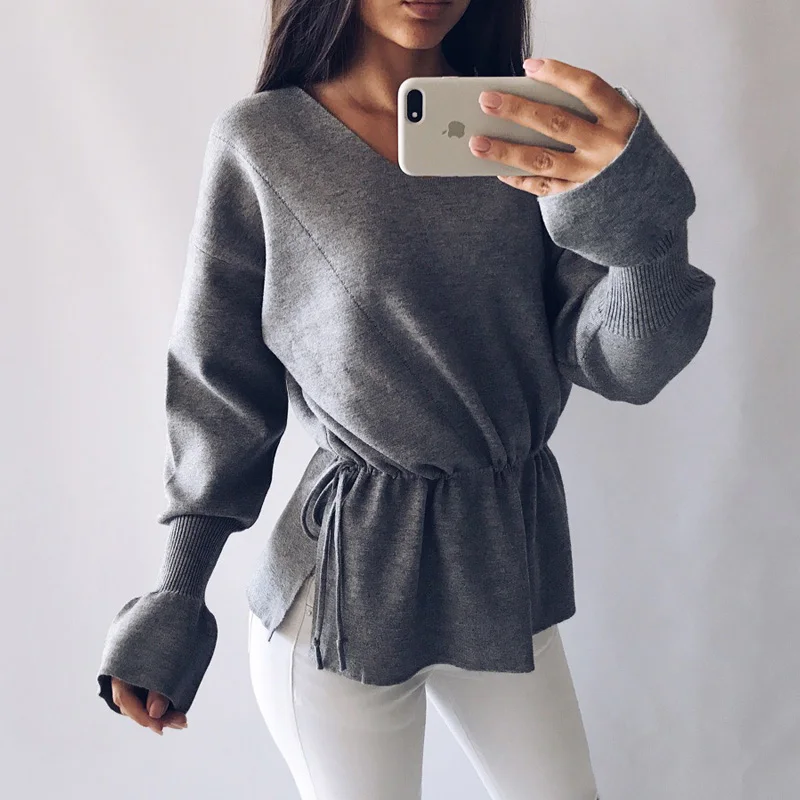 Women sweater loose style knitted solid color casual drawstring sweater design V-neck trumpet sleeve sweater