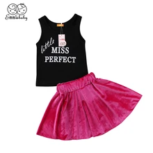 Комплект из 2 предметов для маленьких девочек, футболка без рукавов с надписью топы, бархатная юбка, комплект одежды