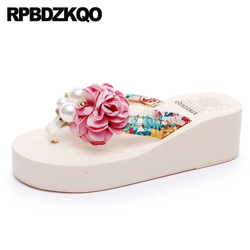 Sandals Flatforms Low Wedge Platform Big Size Women Satin Pearl Slippers Flip  Flop Wide Fit Shoes Ladies Plus Flower Slides 2021 - AliExpress