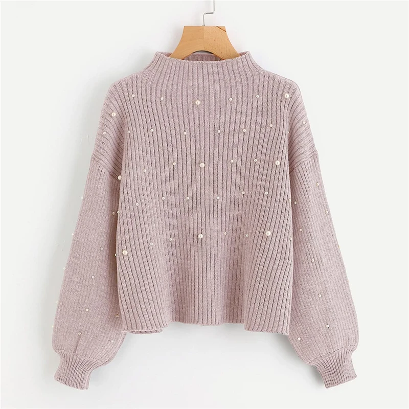 COLROVIE розовый украшенный бусинами и жемчужинами большой рукав Бишоп зимний корейский свитер осенний Модный милый элегантный пуловер