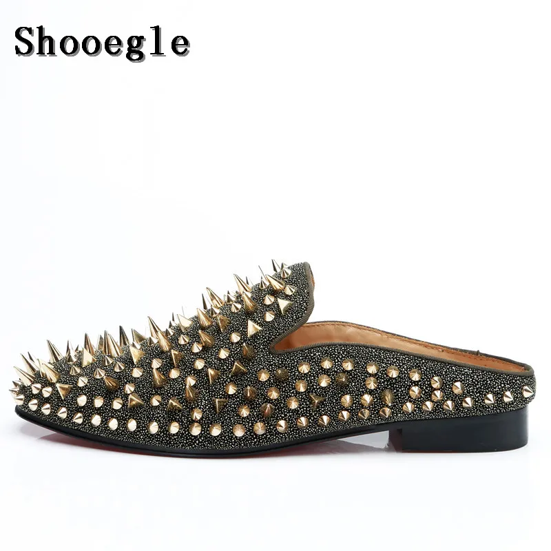

SHOOEGLE Luxury Handmade Spikes Mens Mules Shoes Fashion Black Rivets Casual Slippers Men Slides Summer Shoes Size EU38-EU47