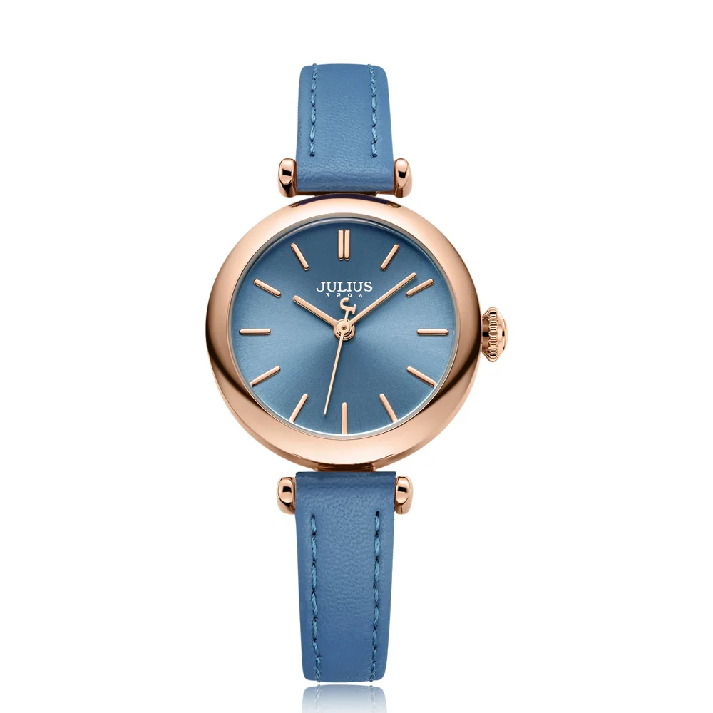 JULIUS Simplicity ЖЕНСКИЕ НАРЯДНЫЕ часы классический кожаный ремешок часы тонкие женские японские кварцевые Movt Элитные Reloj JA-1018 - Цвет: Синий