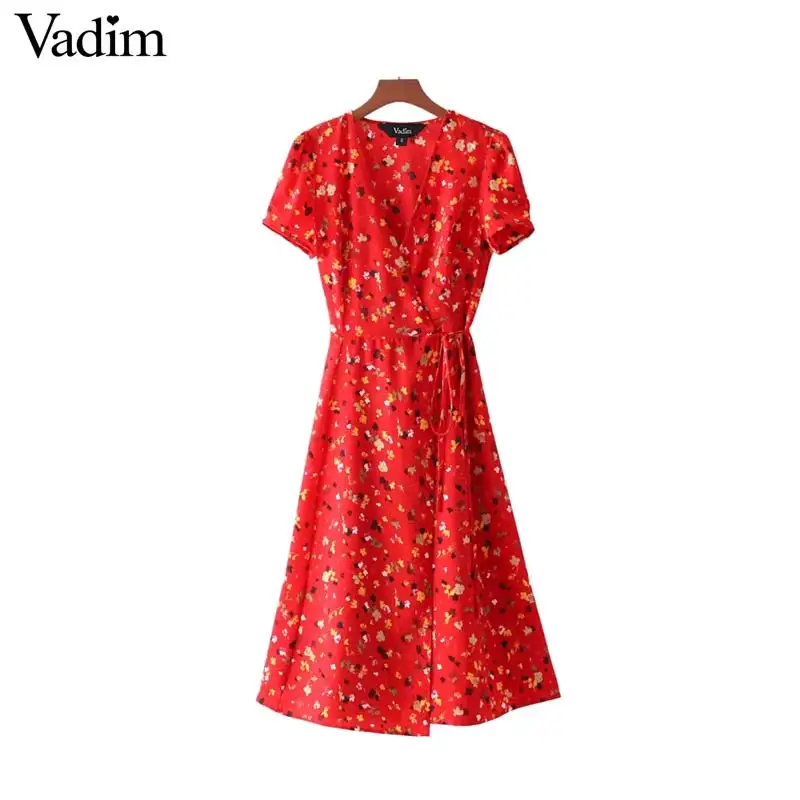 Vadim, винтажное платье миди с v-образным вырезом и цветочным узором, платье вишневого цвета, платье с бантом и перекрестным дизайном, платье с коротким рукавом в стиле ретро, vestido mujer QZ3506 - Цвет: as picture