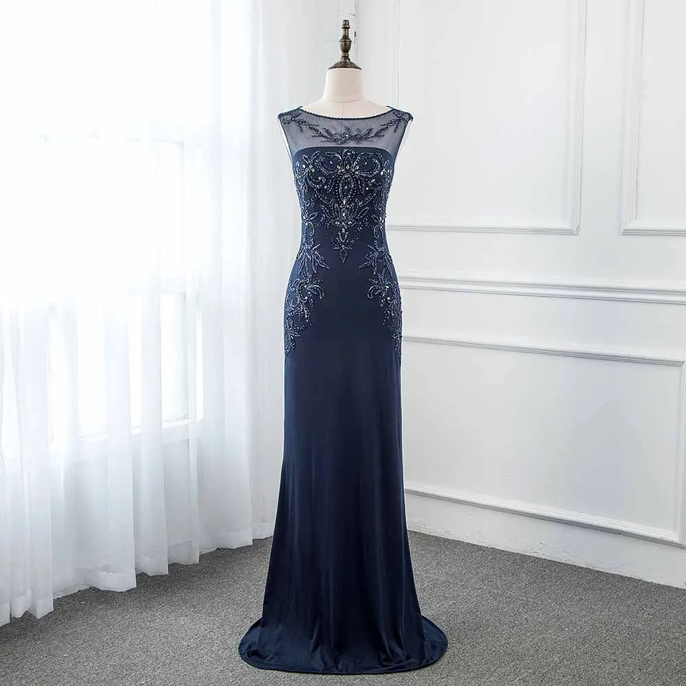 CAZDZY Темно-синие Длинные платья выпускного вечера 2018 Вязание Кристаллы бисера женское платье рукавами
