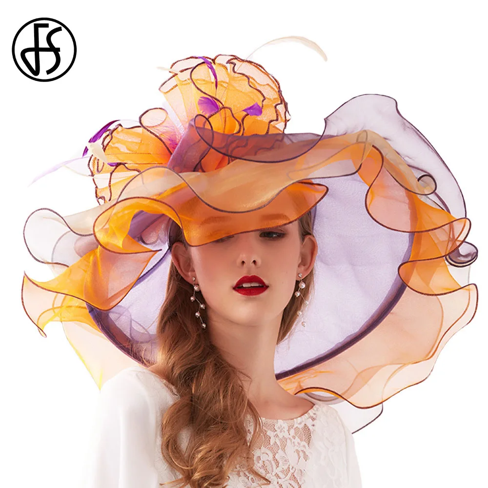 

FS Fashion Flower Church Dresses For Women Wedding Fascinators Hats Organza Summer Large Wide Brim Sun Hats Ladies Beach Hat