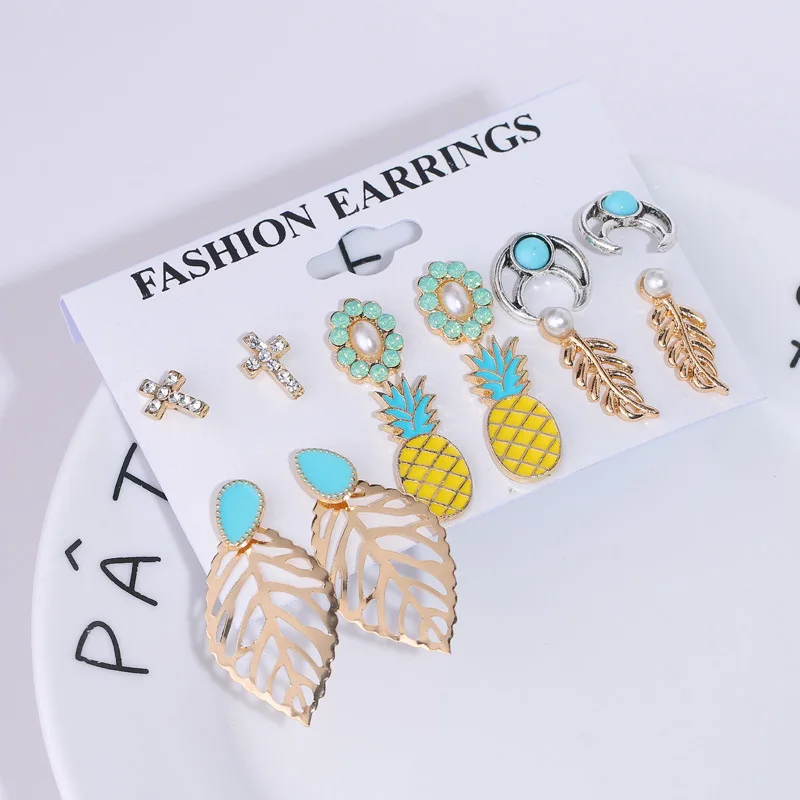 

JUCHAO Crystal Jewellery Woman Earring Moon Leaf Sunflower Cross Pineapple Bohemian Set Earrings for Women Stud Earrings