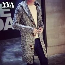 Осень Зима Свободные Длинные мужские кардиганы свитера Новая мода Большой размер Джемперы мужские с капюшоном вязаный свитер Одноцветный серый красный пальто