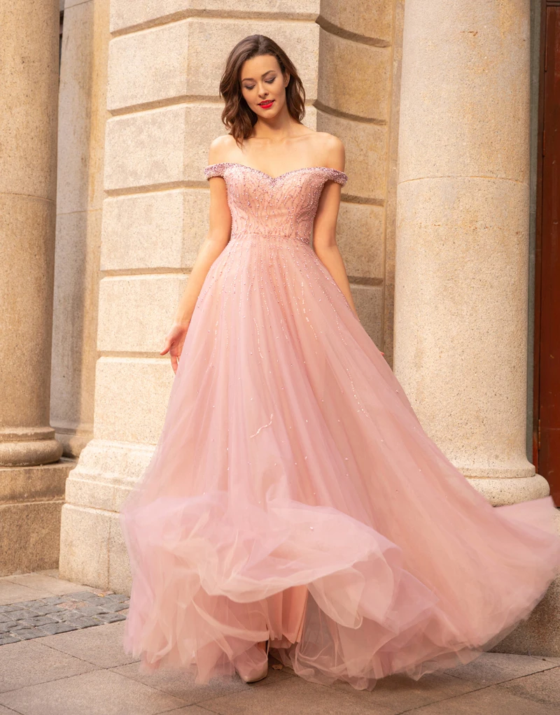 

Verngo Light Pink Tulle Evening Dress Simple Long Dress Abendkleider Off The Shoulder Evening Dress 2019