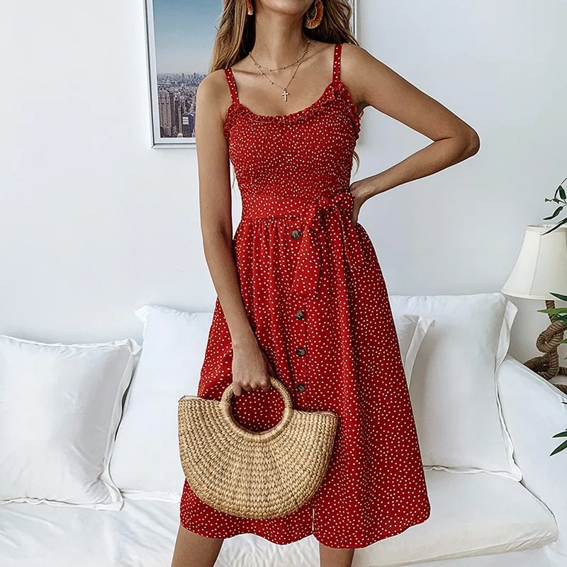 

DeRuiLaDy 2019 Women Summer Straps Dress Sexy Ruffle Dot Print Lace Up Button Pocket Beach Dresses Female Sundress Casual Dress
