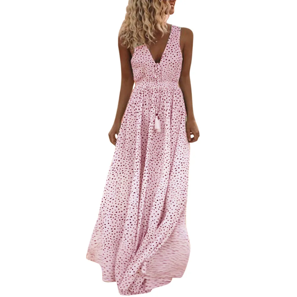 vestidos летнее женское платье без рукавов в горошек с кисточками глубокий v-образный вырез длинное пляжное платье макси для женщин размера плюс - Цвет: Розовый