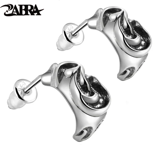 Zabra Solid 925 Sterling Silver Stud Earrings Man Ear Shape Designed Zabra Solid 925 Sterling Silver Stud Earrings Man Ear Shape Designed Black Vintage Punk Rock Biker