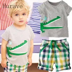 Hurave 2019 Детские хлопковые для маленьких мальчиков с коротким рукавом Крокодил наборы рубашки + Короткие повседневные клетчатые брюки
