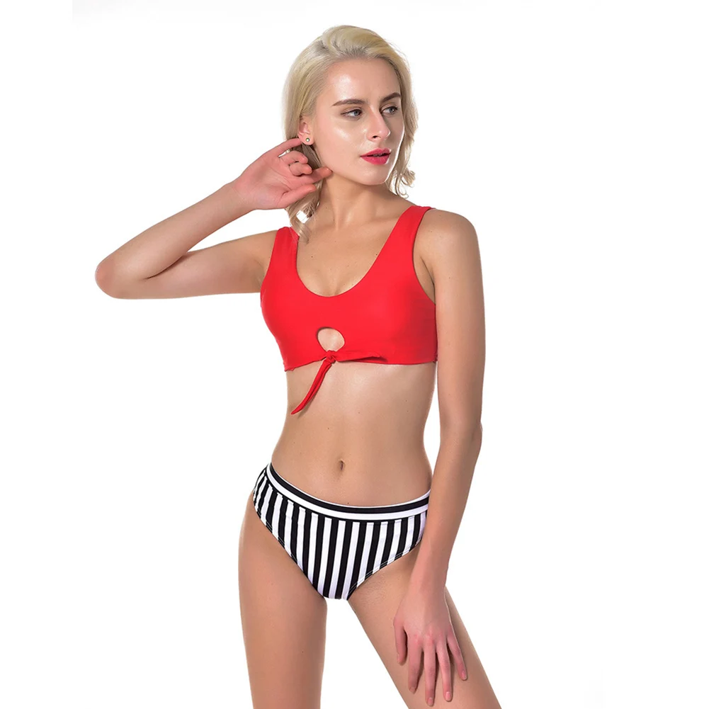 

Hot Women Summer Striped Bikini Crop Top with Pants Backless Middle Waist Bathing Suit MCK99