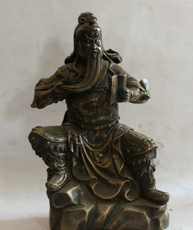 

song voge gem S5867 16" Chinese Bronze Seat Guan Gong Yu Warrior God Dragon knight Look Book Statue