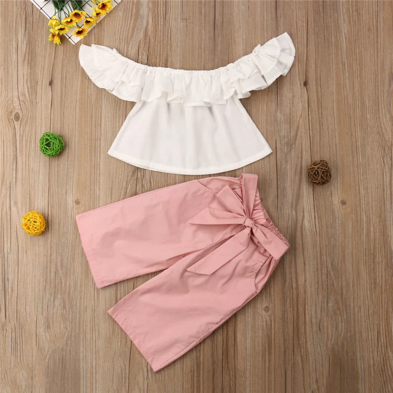 Лето, милый детский топ с открытыми плечами для маленьких девочек, комплект со штанами, одежда