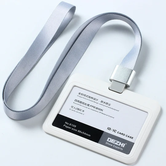Экологичный пластиковый горизонтальный стиль ID IC карты держатель значка с полиэфирным шнурком, Пользовательский логотип держатель для карт, твердый/полоса - Цвет: white silver set