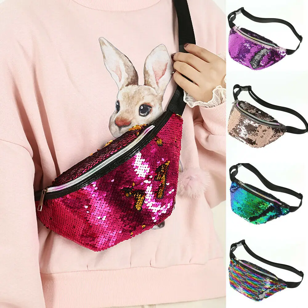 

Waist Bags Women Travel Sequins PU Leather Shoulder Chest Bag Fanny Pack Holiday Money Belt Wallet Glitter Bum Bag Pouch