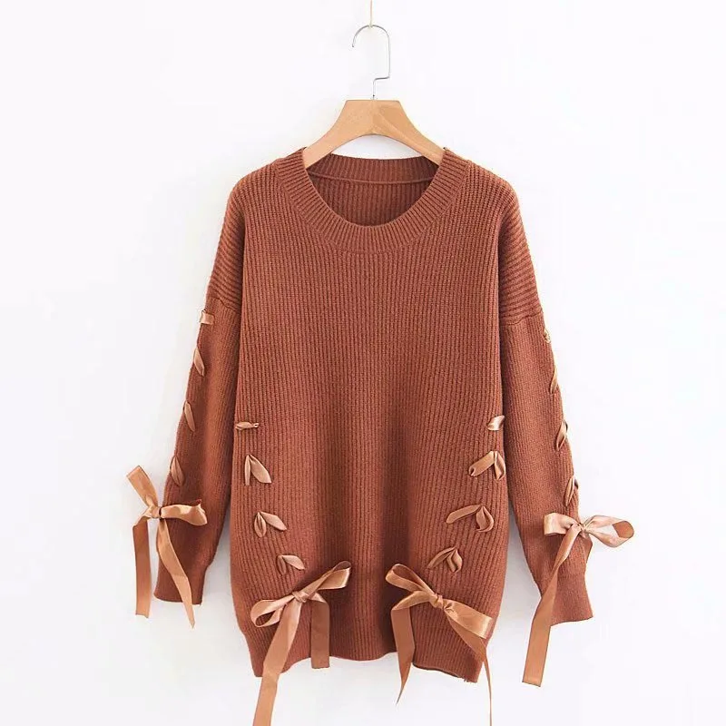 OMCHION Sueter Mujer 2018 O Neck Long Sleeve Women Sweaters And Pullovers Sweet Casual Bow Lace Up Korean Jumper Knitwear LMM70 OMCHION Sueter Mujer 2018 O Neck Long Sleeve Women Sweaters And Pullovers Sweet Casual Bow Lace Up Korean Jumper Knitwear LMM70