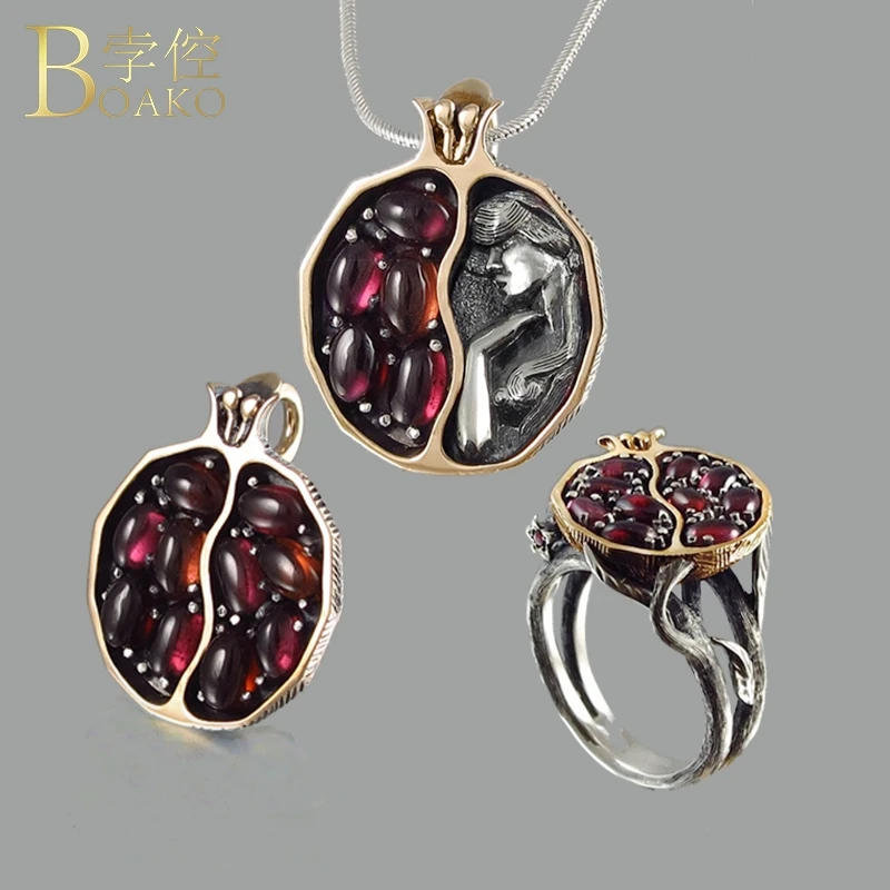 

BOAKO Natural Stone necklace women vintage red gem crystal necklace girl carved tree garnet fruit necklace stainless pendant K3