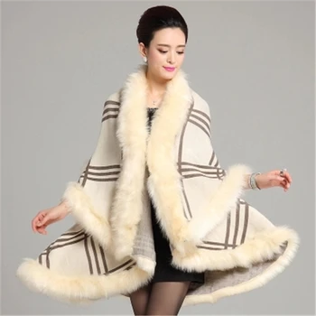 

Faux Fur Coat New Winter Luxury Fashion Faux Fox Fur Poncho Bat Sleeve Long Plaid Knitted Cardigan Shawl Cape Cashmere Coat L949