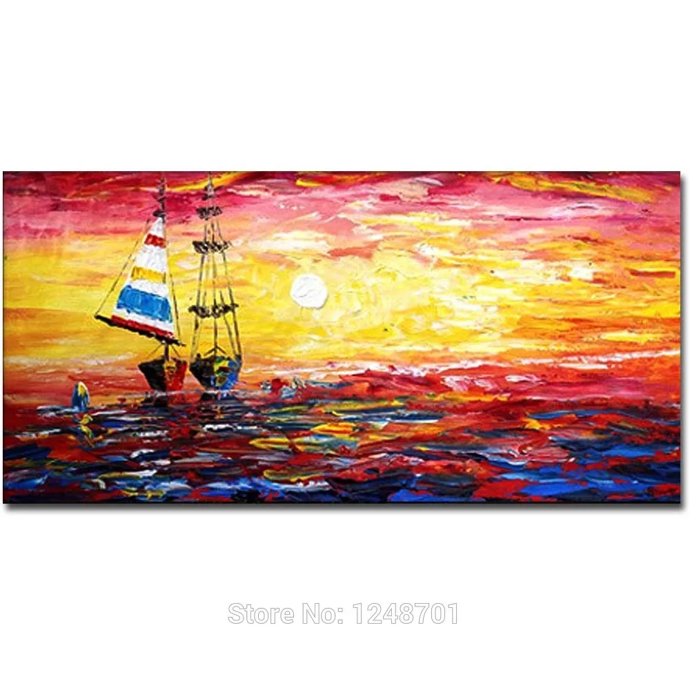 

Large Size Hand Painted Abstract Sunset Seascape Oil Painting On Canvas Abstract Sail Boat Wall Pictures Living Room Home Decor