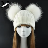 Winter Real Fur Ball Beanie Hat for Women Ladies Fluffy Double Natural Raccoon Fur Pom Pom Skullies Beanie Hat With 2 Fur Pompom 1
