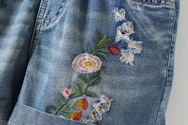 Японский Сен Женская линия лето Новая эластичная талия сладкие цветы джинсовые шорты с вышивкой Женские шорты