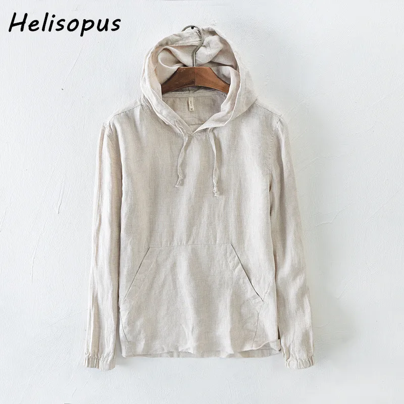 

Helisopus 2019 Solid Linen Long Sleeve Hooded Men's shirt Summer Linen Pocket Hoodies T-shirt for Men camisas