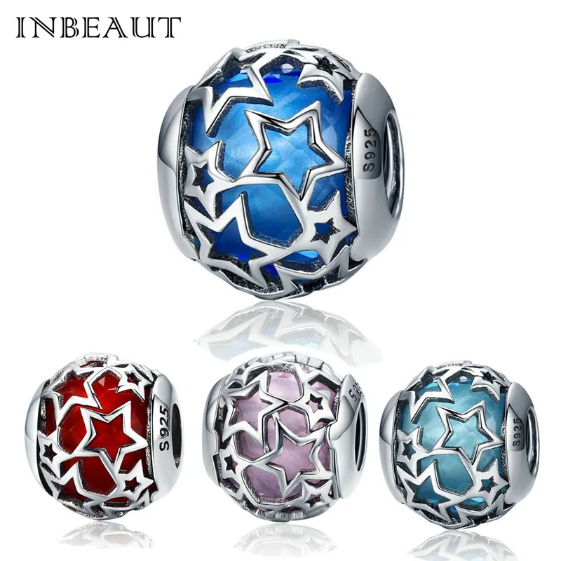 

INBEAUT New Arrival 925 Sterling Silver Stars Blue Purple Crystal Beads Charm fit Pandora Bracelet 4 Color DIY Charms Jewelry