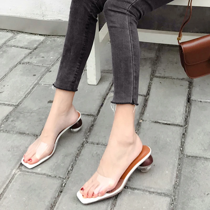 

Transparent Woman Slippers fashion Strange heels slides luxury crystal shoes Clear heel shoes black white Mules sandalias mujer