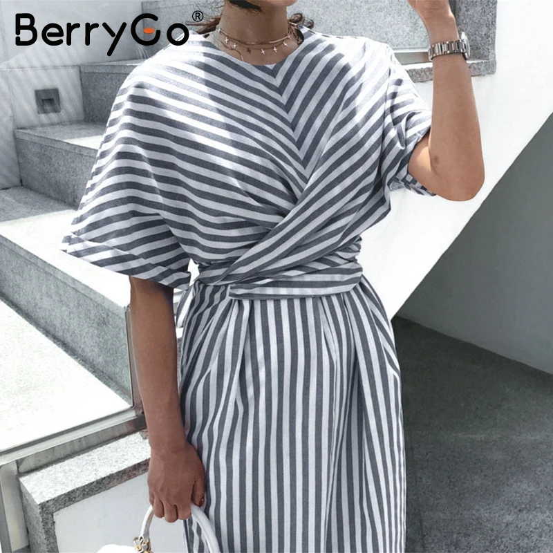BerryGo плюс размер хлопок в полоску женское платье Летний стиль бандаж Сплит миди