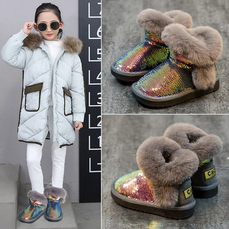 

EU/23-37 2018 NEW Bling Sequin Girls Boots Winter Shoes For Girls Pink Boots Children Snow Boots Kids Ugs