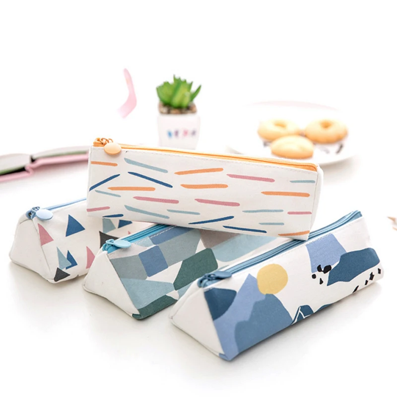 

Cartoon Canvas Triangle Pen Bag Simple Style Fresh Forest pen&pencil bag Large Storage escolar Stationery Office School supply