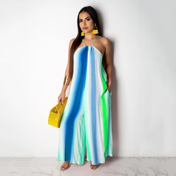 

Women Summer Casual Loose Striped Sleeveless Halter Jumpsuit Bohemian Spaghetti Straps Off Shoulder Pocket Wide Leg Rompers