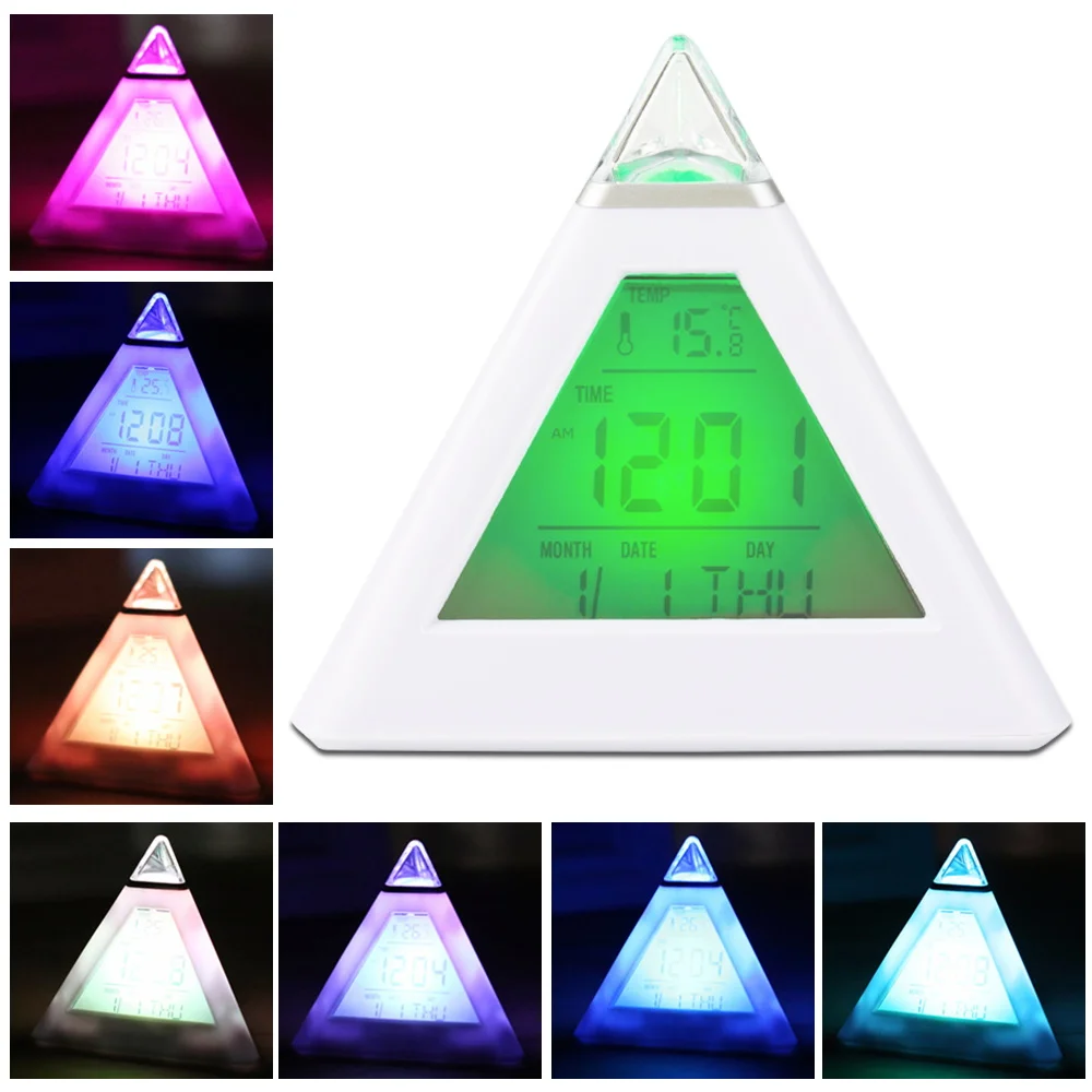 

Pyramid LED Alarm Clock 7 Colors Changing Digital Alarm Clocks With Date Thermometer Night Light Electronic Table Clock for Kids