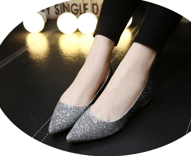 Ladies Sequined Cloth Flats For Wedding Party Pointed Toe Mujer Cover Heel Slip-ons Bling Shoes Plus Size 45 13 34 Gold Silver