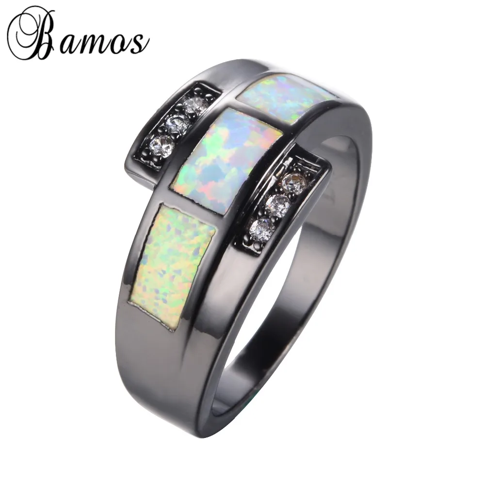 Bamos Women Men White Fire Opal Rings Black Gold Filled Wedding Halloween Party Zircon Finger