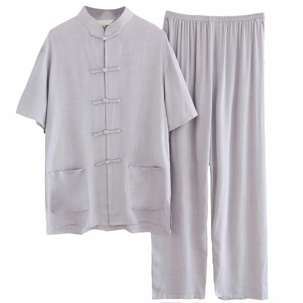 Серый китайский Мужской Хлопковый льняной пижамный комплект винтажный однобортный Пижамный костюм рубашка с коротким рукавом и длинные штаны M-XXL