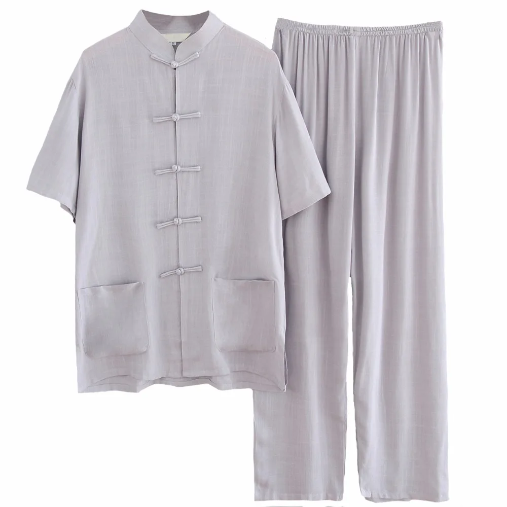 

Gray Chinese Men Cotton Linen Pajamas Set Vintage Single Breasted Pyjamas Suit Short Sleeve Shirt&Full Length Pant M-XXL