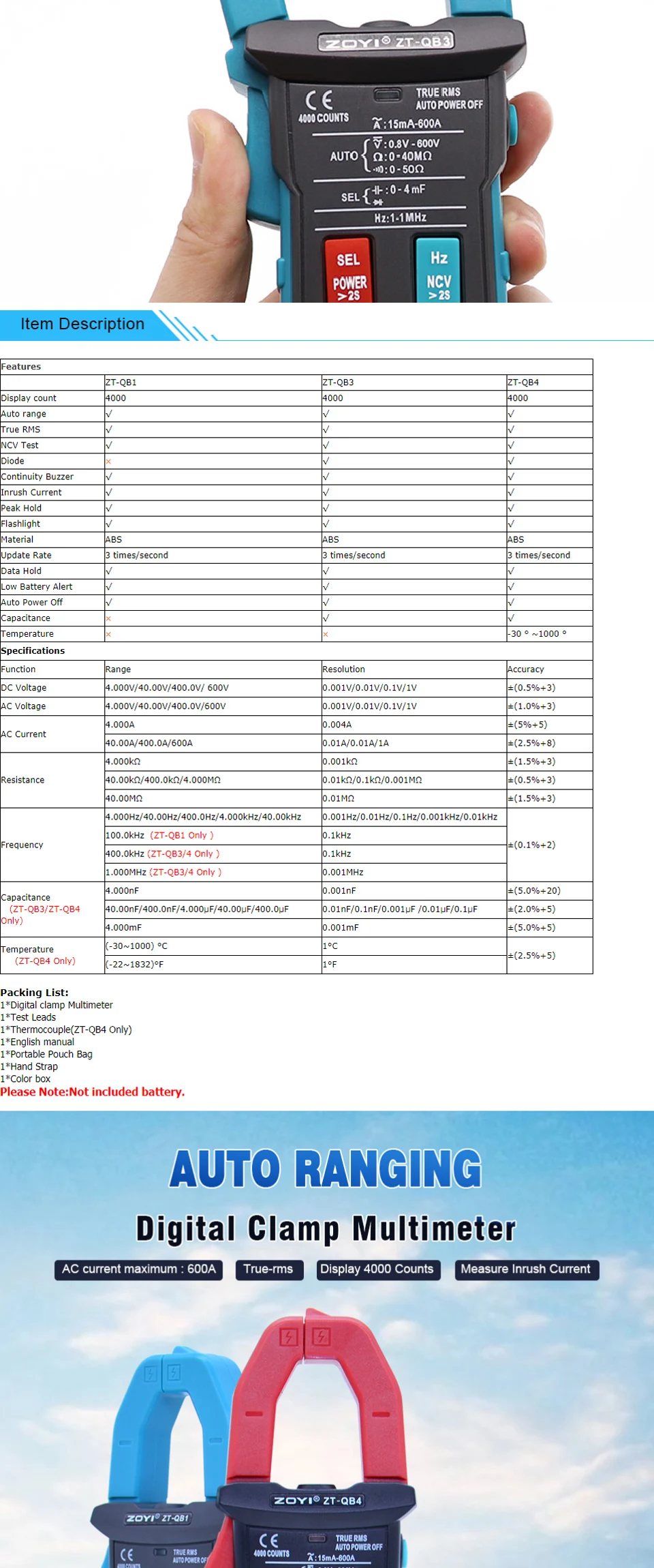 ZOYI Clamp Multimeter ZT-QB1/QB3/QB4 4000 count True RMS Digital Auto Range Data Hold Peak Hold Flashlight NCV Test 600A Ammeter