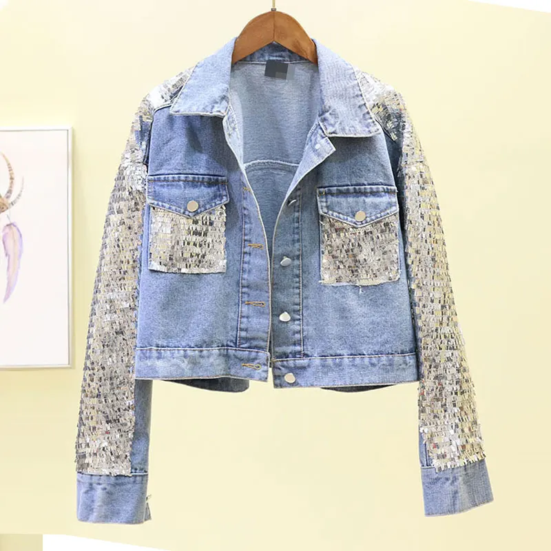 

2019 Women Autumn Pink Sequins Pocket Denim Jackets Female Harajuku Sequins Long Sleeve Casual Jeans Jacket Women Tops Outwear