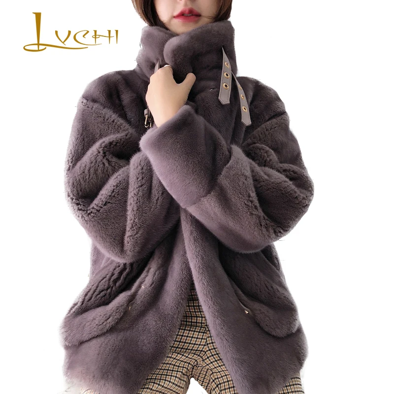 Женское пальто с натуральным мехом LVCHI зимнее из меха норки длинными рукавами и