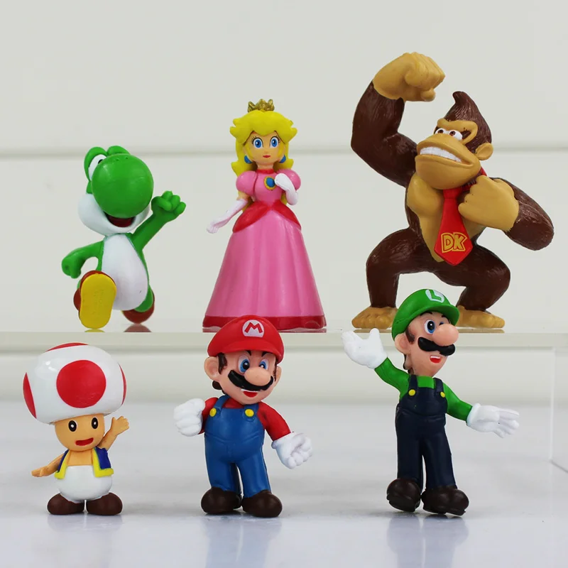 6Pcs/Lot Super Mario Bros Figures Mario Luigi Yoshi Toad Mushroom Princess Peach Donkey Kong Model Toys Dolls Kid Gift