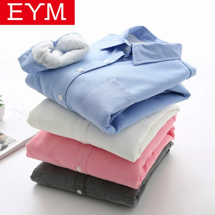 2018 New Winter Velvet Thick Warm Blouses Women Oxford Shirts Female Cotton Solid Colors Blouse Feminine Shirts Long Sleeve Tops